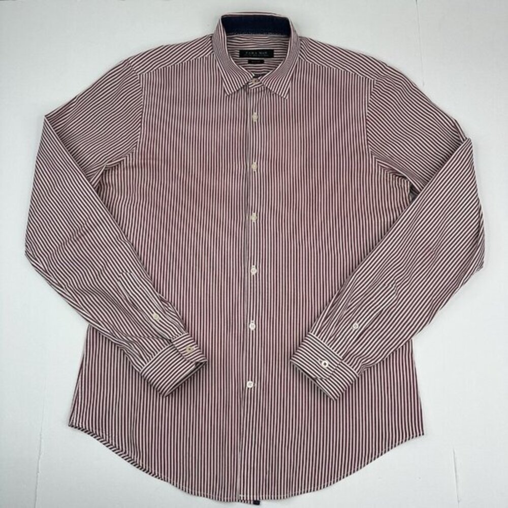 Zara Man Slim Fit Burgundy White Striped Button Down Shirt Men Large Long Sleeve
